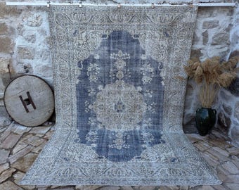 8x11 Vintage Rug, Turkish Rug, Blue Rug, Oversized Rug, Living Room Rug, Antique Rug, Oushak Rug, Bedroom Rug, Office Rug, 7'6" x 10'9"