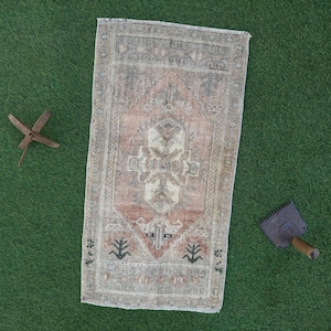 Tribal Mini Rug, Accent Turkish Rug, Vintage Brown Rug, 2x3 Red Rug, Oriental Small Rug, Handwoven Beige Rug, Kitchen Mini Rug, #TR1307