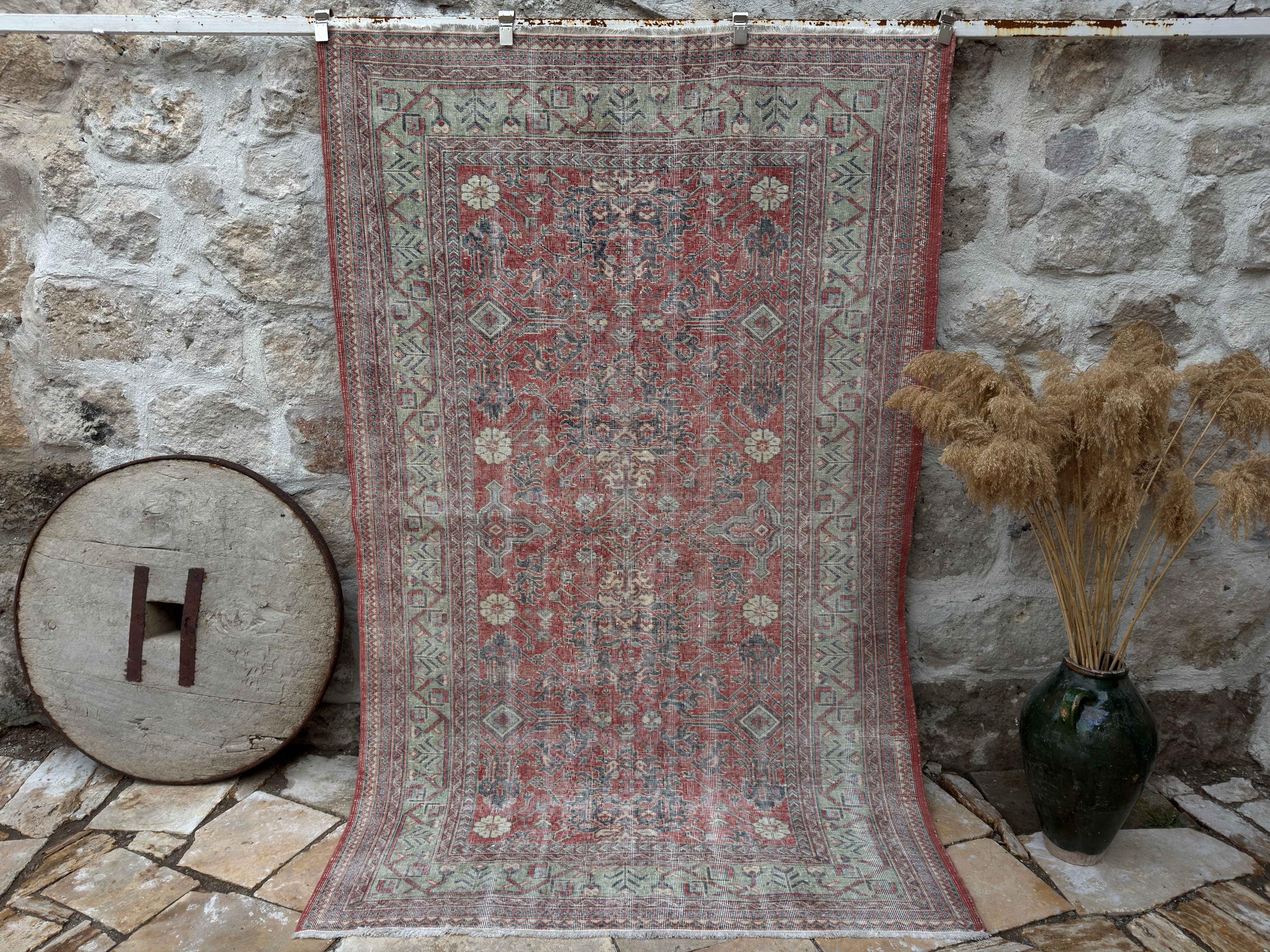 5x8 Vintage Rug, Red Turkish Rug, 5x8 Handmade Oushak Rug, Bedroom