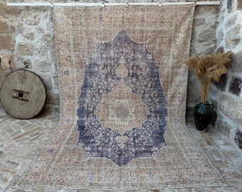 8x12 Vintage Rug, Turkish Rug, Blue Rug, Oversized Rug, Living Room Rug, Antique Rug, Oushak Rug, Bedroom Rug, Office Rug, 7'9" x 11'7"