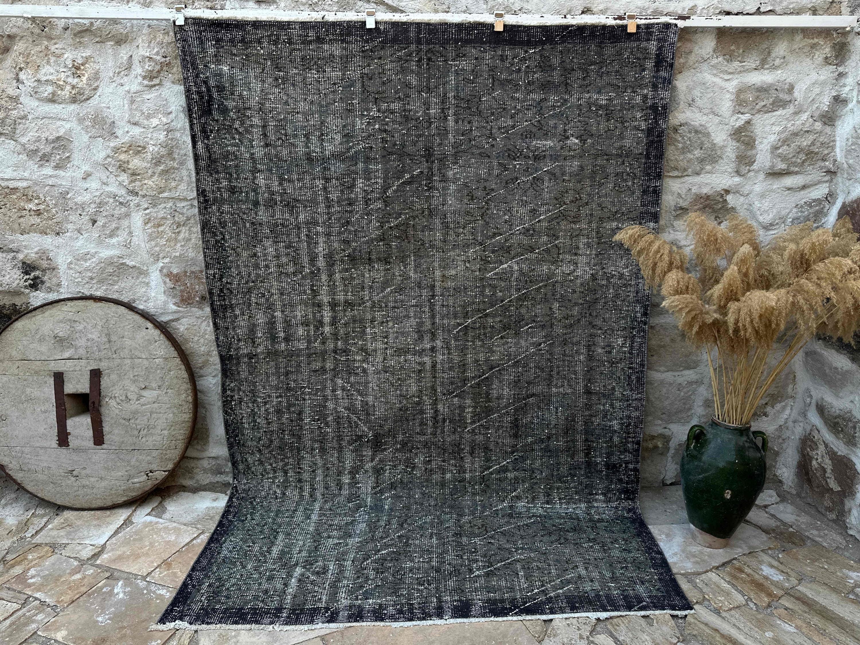 6x9 Dark Gray Turkish Rug – Handwoven Overdyed Wool Carpet – Minimalist Vintage Statement for Modern Interiors