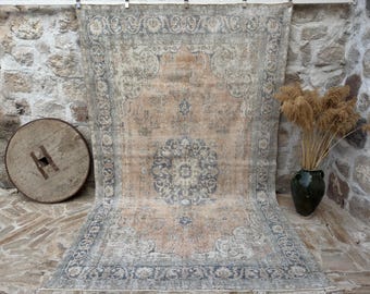 7x11 Vintage Rug, Turkish Rug, Blue Rug, Oversized Rug, Living Room Rug, Antique Rug, Oushak Rug, Bedroom Rug, Office Rug, 6'9" x 10'8"