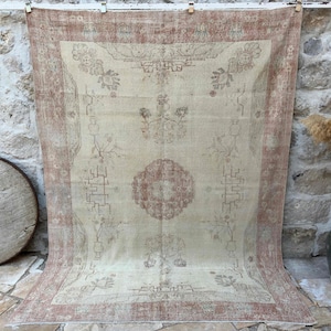 6&#39;7&quot; x 8&#39;8&quot; Antique Turkish Wool Rug – Unique Hand-Knotted Carpet with Faded Medallion and Soft Terracotta Tones