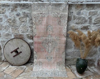 4x8 Vintage Rug, Pink Turkish Rug, 4x8 Handmade Oushak Rug, Bedroom Rug, Office Rug, Anatolian Rug, Designer Rug, Antique Rug, 3'7" x 8'1"