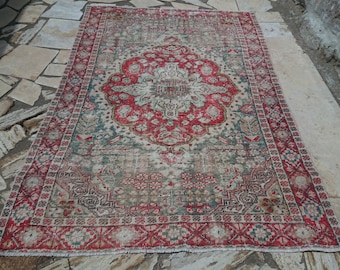antique rug red rug,overdyed rug turkish rug faded rug,handknotted rug,muted rug distressed rug oushak rug,3'9x6'6 feet anatolian rug