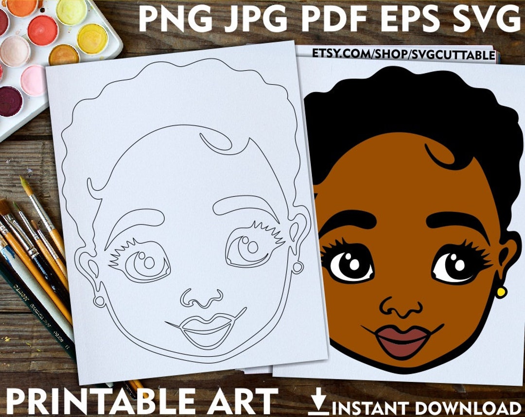 Cute Black Girl Printable Adult Coloring Page, Short Hair, Melanin