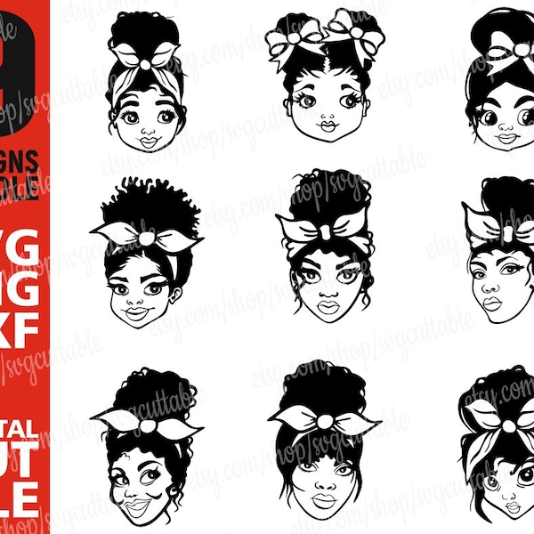 9x Woman Messy Bun svg Bundle, Curly Hair svg, Afro Puffs svg, African American, Bandana svg, Digital Download, Silhouette, File for Cricut