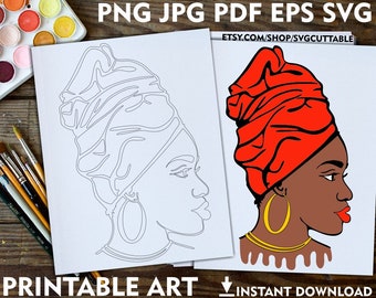 Black Woman Printable Adult Coloring Page, Headband, Digi Stamp, Afro, Instant download, Coloring Pages, Printable Paint Canvas, Paint Party