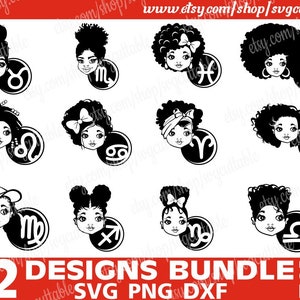 12x Zodiac Sign Bundle, Black Girl svg, Horoscope, Black girl magic, Birthday svg, Leo, Silhouette,Instant download, Cricut file, Cut File