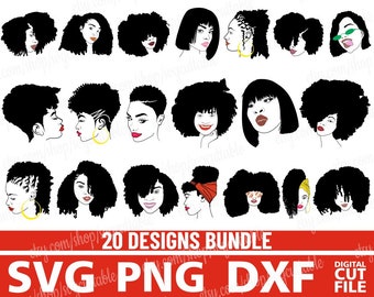 20x Afro Woman bundle svg, Red Lips, braids, earrings svg, Hairstyle woman svg, afro lady, silhouette,Digital Download Circuit Cut