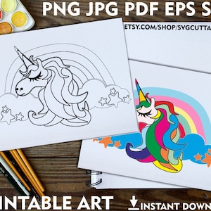 Unicorn Printable Adult Coloring Page, Rainbow png, Unicorn Face png, Printable Art, Instant download, Coloring Pages, Printable For Kids