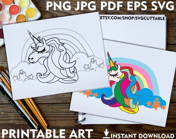 Unicorn Printable Adult Coloring Page Rainbow Png Unicorn | Etsy