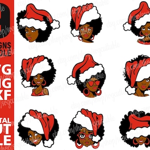 9x Pacote SVG de Natal, SVG afro-americano, Chapéu de Papai Noel svg, Papai Noel png, Melanina svg, Arquivos cortados, Arquivo para Cricut, Download instantâneo