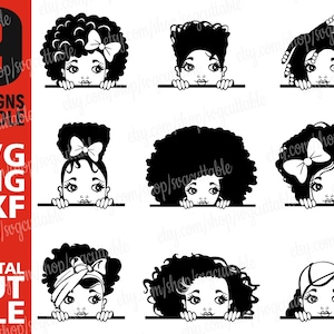 9x süßes schwarzes Mädchen svg Bundle, Melanin svg, Afro Girl png, Peekaboo Girl svg, Messy Bun svg, digitaler Download, Silhouette, Datei für Cricut