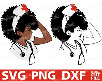 Enfermera negra con peinado afro SVG, estetoscopio, Cricut, Silhouette (archivo digital)