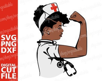SVG de enfermera negra fuerte, mujer con estetoscopio, poder femenino (archivo digital)