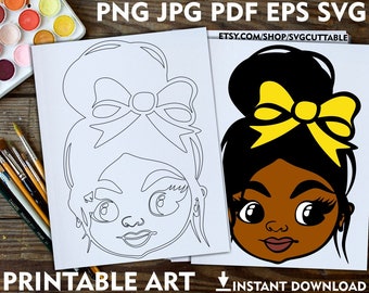 Black Girl Messy Bun Coloring Pages, Little Black Girls png, Hair Bow, Curly Hair, Coloring Pages For Kids, Instant download, Coloring Pages