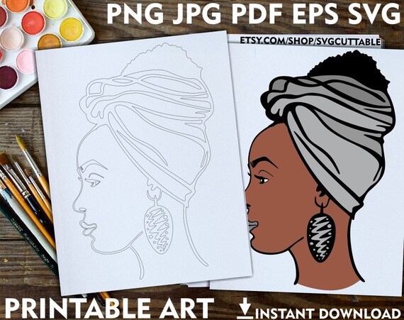 Melanin Woman Portrait Coloring Page, Paint Party Canvas (Digital Download)