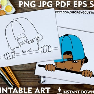 帽子をかぶった男の子 PNG、ピーカブー PNG、印刷可能な大人向けぬり絵ページ、印刷可能なアート、即時ダウンロード、ぬり絵ページ、子供向け印刷可能、子供用 PNG