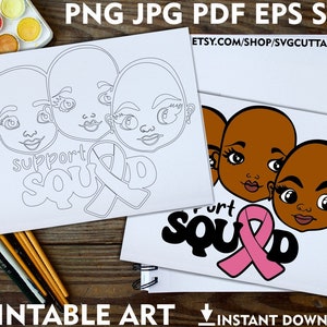 サポート スクワッド PNG、黒人少女のぬり絵、ハゲ少女の svg、メラニン、がんの svg、子供向けのぬり絵、即時ダウンロード、ぬり絵