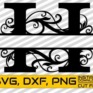 May include: A black and white monogram design featuring the letter "I" twice, with a decorative flourish between the letters. The design is split into two parts, with the top part featuring a swirling floral design and the bottom part featuring a similar design. The text "SVG, DXF, PNG INSTANT DOWNLOAD CUT FILE" is at the bottom of the image.