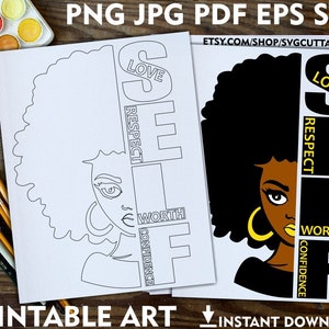 Self Love Png, Página para colorear imprimible para adultos, Mujeres empoderadas svg, Historia negra, Descarga instantánea, Páginas para colorear, Lienzo de pintura imprimible