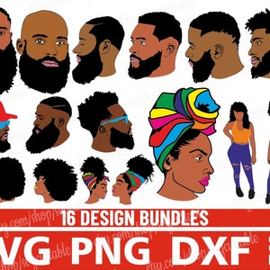 16x Super Bundle Pack Afro Mann und Frau Svg, Layered Black Woman Svg, Afro Girl Svg, Bart svg, Mann svg, Diva, Digital Download Circuit Cut