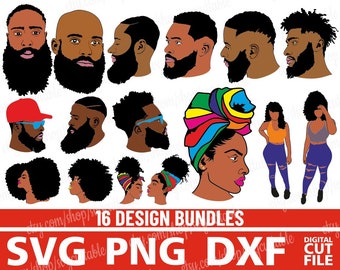 16x Super Bundle Pack Afro Man and Woman svg, Layered Black Woman svg, Afro Girl Svg, Beard svg, Man svg, Diva, Digital Download Circuit Cut