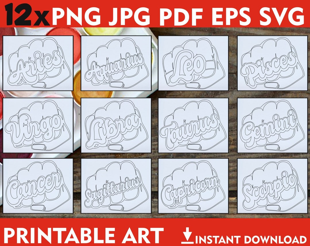12x Zodiac Sign Printable Adult Coloring Page, Fist Png, Melanin Svg ...