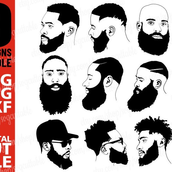 9x Beard Black Man Bundle svg, Afro Man, Hairstyle Men svg, Beard svg, Man svg, Hipster Bart, Silhouette, Digital Download Circuit Cut