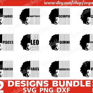 12x Zodiac Sign Bundle, Black Girl svg, Horoscope, Melanin svg, Birthday svg, Afro Hair, Silhouette, Instant download, Cricut file, Cut File