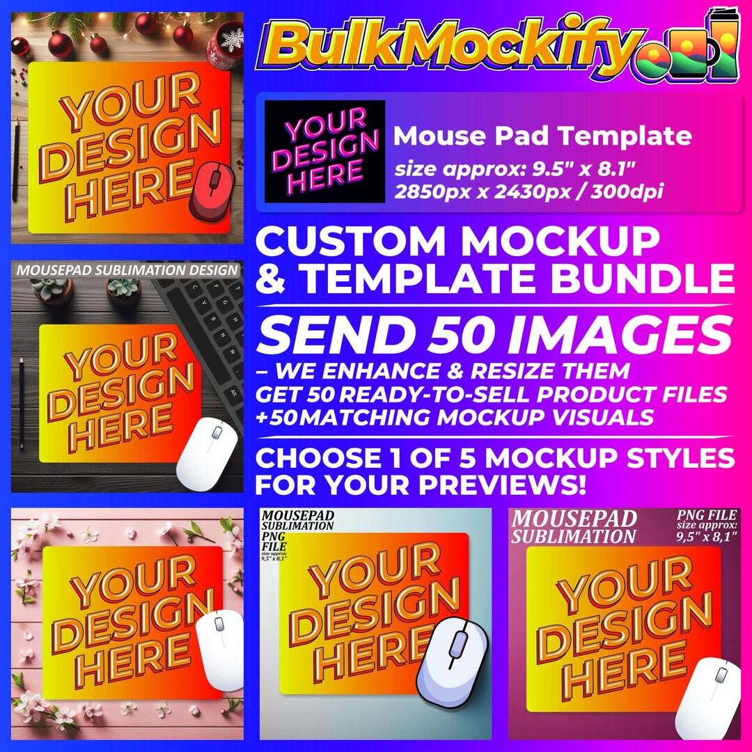 50 Custom Mouse Pad Mockup Bundle, Mouse Pad Template, Custom Bulk
