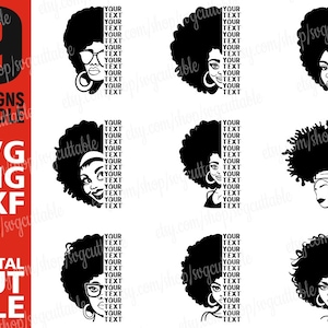 9x Schwarze Frau svg Bundle, Ihr Text svg, personalisierte svg, Afroamerikaner, halbes Gesicht svg, digitaler Download, Silhouette, Datei für Cricut