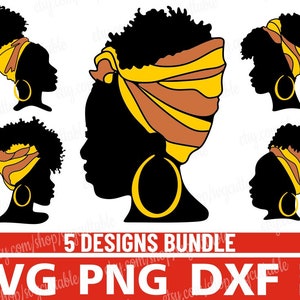 5x アフロ黒人女性ヘッドバンドバンドル SVG、ヘアスタイル女性 SVG、ショートヘアファイル、アフロ女性、シルエット、デジタルダウンロード回路カット