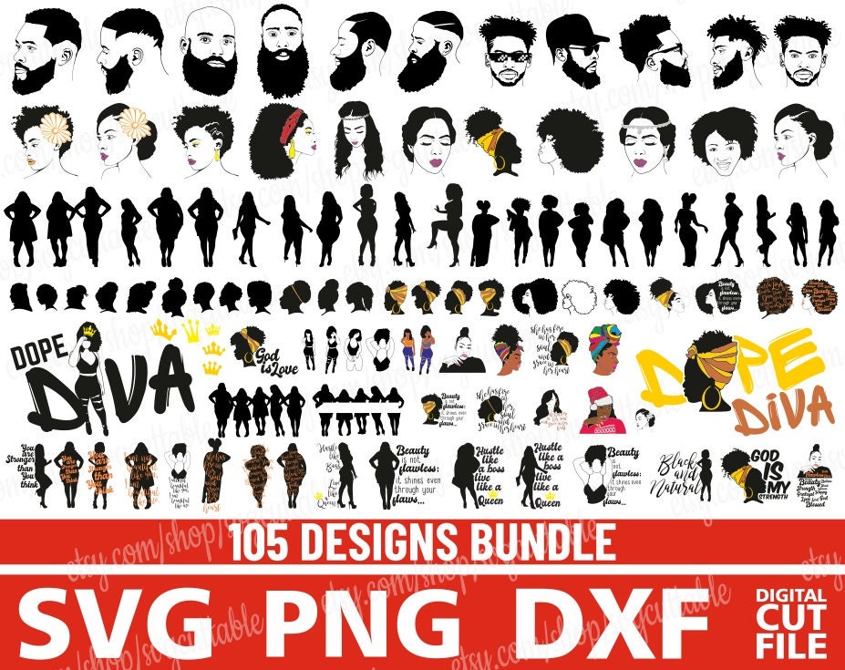 105x Super Bundle Pack Afro Woman and Man svg, Black Woman svg, Afro Man Svg, Beard Man svg, Dope Diva svg, Digital Download Circuit Cut