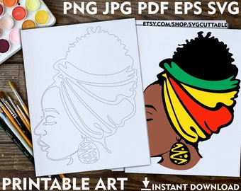 Black Woman Headwrap Coloring Page, Printable Portrait (Digital Download)