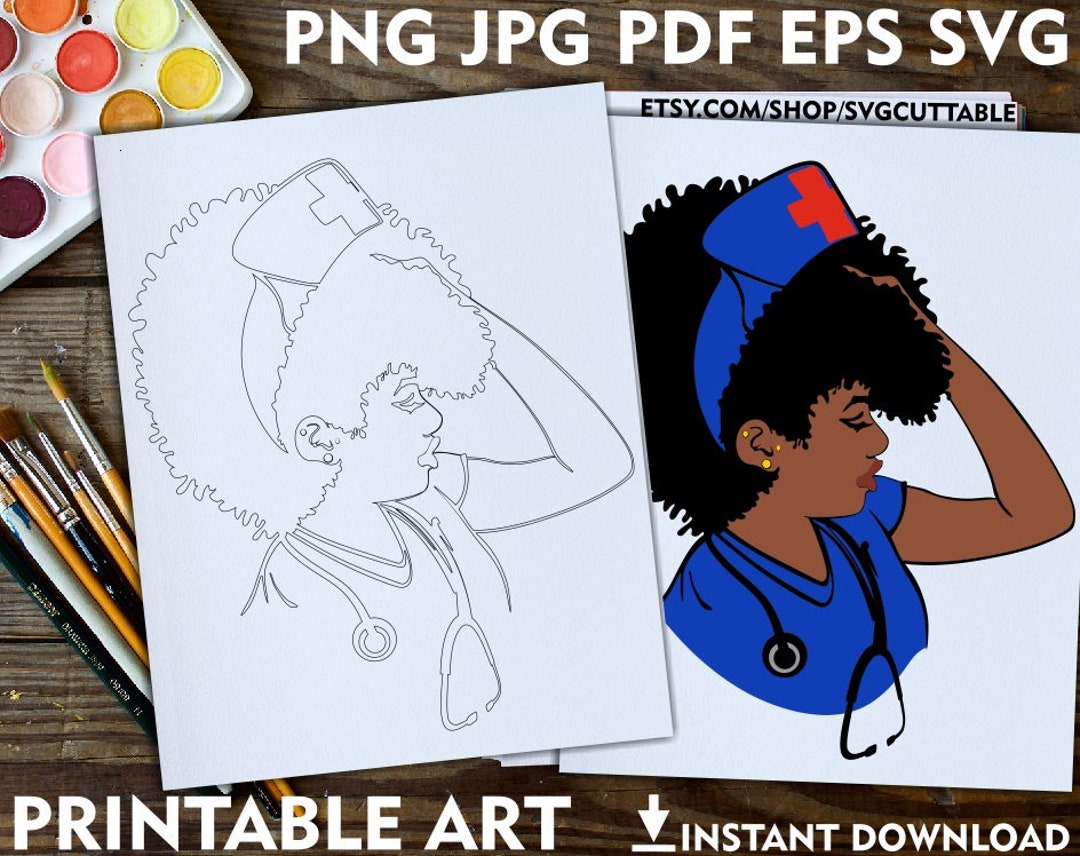 Nurse Png, Printable Adult Coloring Page, Healthcare, Digi Stamp, Afro, Instant Download ...