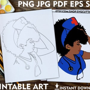 Infermiera png, Stampabile per adulti da colorare, Sanità, Digi Stamp, Afro, Download istantaneo, Disegni da colorare, Tela di pittura stampabile, Disegnata png