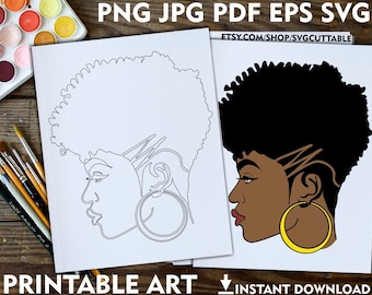 Beauty Woman Printable Adult Coloring Page, Afican American, Digi Stamp, Instant download, Coloring Pages, Print, Printable Paint Canvas