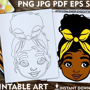 Little Black Girls png, Black Girl Messy Bun Coloring Pages, Bandana svg, Curly Hair, Coloring Pages For Kids, Instant download, Printable