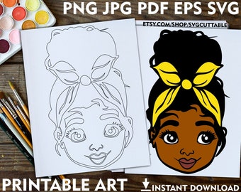 Little Black Girls png, Black Girl Messy Bun Coloring Pages, Bandana svg, Curly Hair, Coloring Pages For Kids, Instant download, Printable
