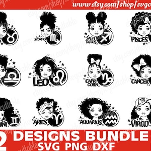 12x Zodiac Sign Bundle, Black Girl svg, Horoscope, Melanin svg, Birthday svg, Messy Bun, Silhouette, Instant download, Cricut file, Cut File