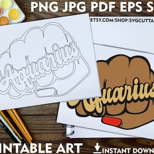 Aquarius Printable Adult Coloring Page, Poing Png, Signe du zodiaque, Mélanine, Téléchargement instantané, Coloriages, Imprimable, Toile de peinture imprimable
