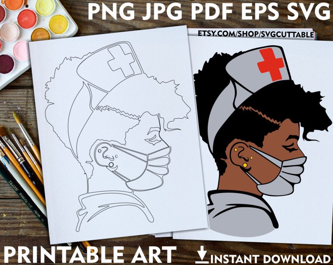 Nurse Png, Printable Adult Coloring Page, Face Mask, Digi Stamp, Afro, Instant Download ...