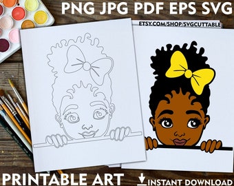 Peekaboo Black Girl Messy Bun Coloring Pages, Melanin Color Book Printable, Afro, Coloring Pages For Kids, Instant download, Coloring Pages