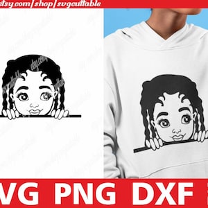 May include: Black and white illustration of a young girl with braids peeking over a surface. The girl has large eyes and a sweet expression.