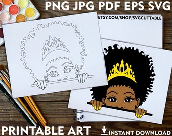 Sweet Girl Coloring Page, Peekaboo Portrait Art (png, jpg, pdf, svg Digital Download)