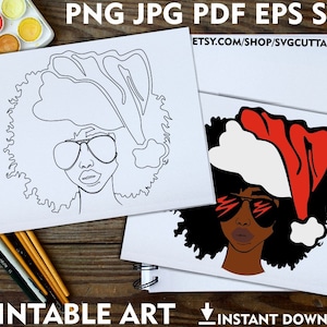 Frau In Gläsern Printable Erwachsene Malseite, Malerei, Weihnachten Png, Afro, Printable Art, Instant download, Malvorlagen, Paint Party
