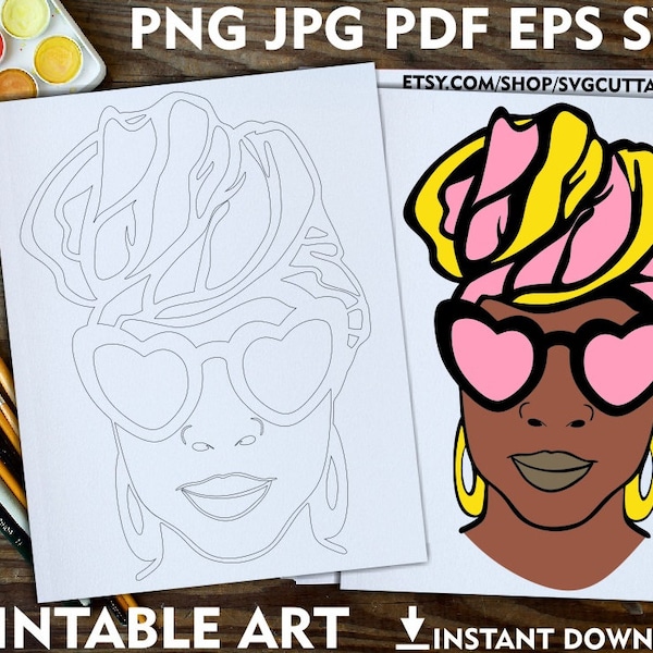 Woman Printable Adult Coloring Page, Headwrap svg, Melanin, Afro svg, Instant download, Coloring Pages, Printable Paint Canvas, Paint & Sip