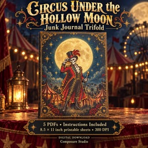 Puede incluir: Un diario basura digital de tres pliegues titulado Circus Under the Hollow Moon. La portada muestra un esqueleto con frac rojo y sombrero de copa ante una luna llena y carpas de circo. Incluye 5 PDF, hojas de 21,6 x 27,9 cm, 300 DPI.